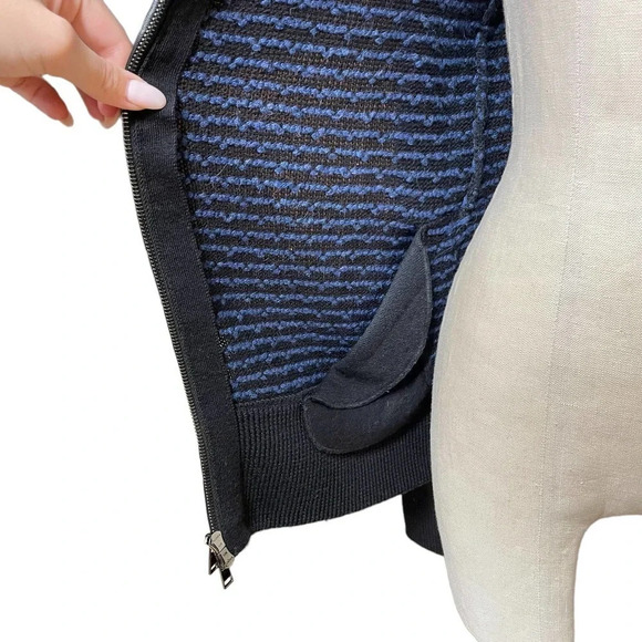 Vince Blue Black Leather Trim Wool Sweater Zip Jacket Black Blue Size XS - Picture 4 of 10